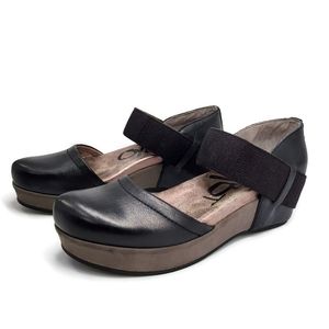 OTBT Migrant Black Leather D'Orsay Mary Jane Clog Wedge Slip-On Sandals